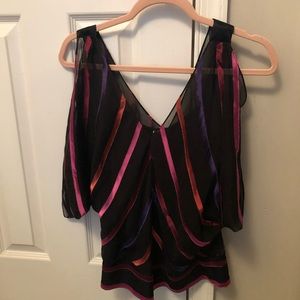 Guess black blouse w/ pink, purple & coral ribbon detail